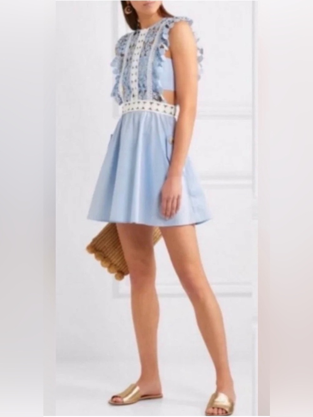 Self-Portrait Floral Vine Mini Dress Blue Guipure Lace Pockets Size US 2 - Picture 2 of 16